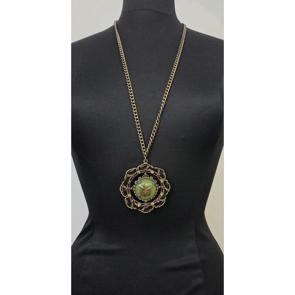 Owl Pendant Statement Necklace Faux Jade Bronze Tone Chain Ribbon‎ Rhinestones